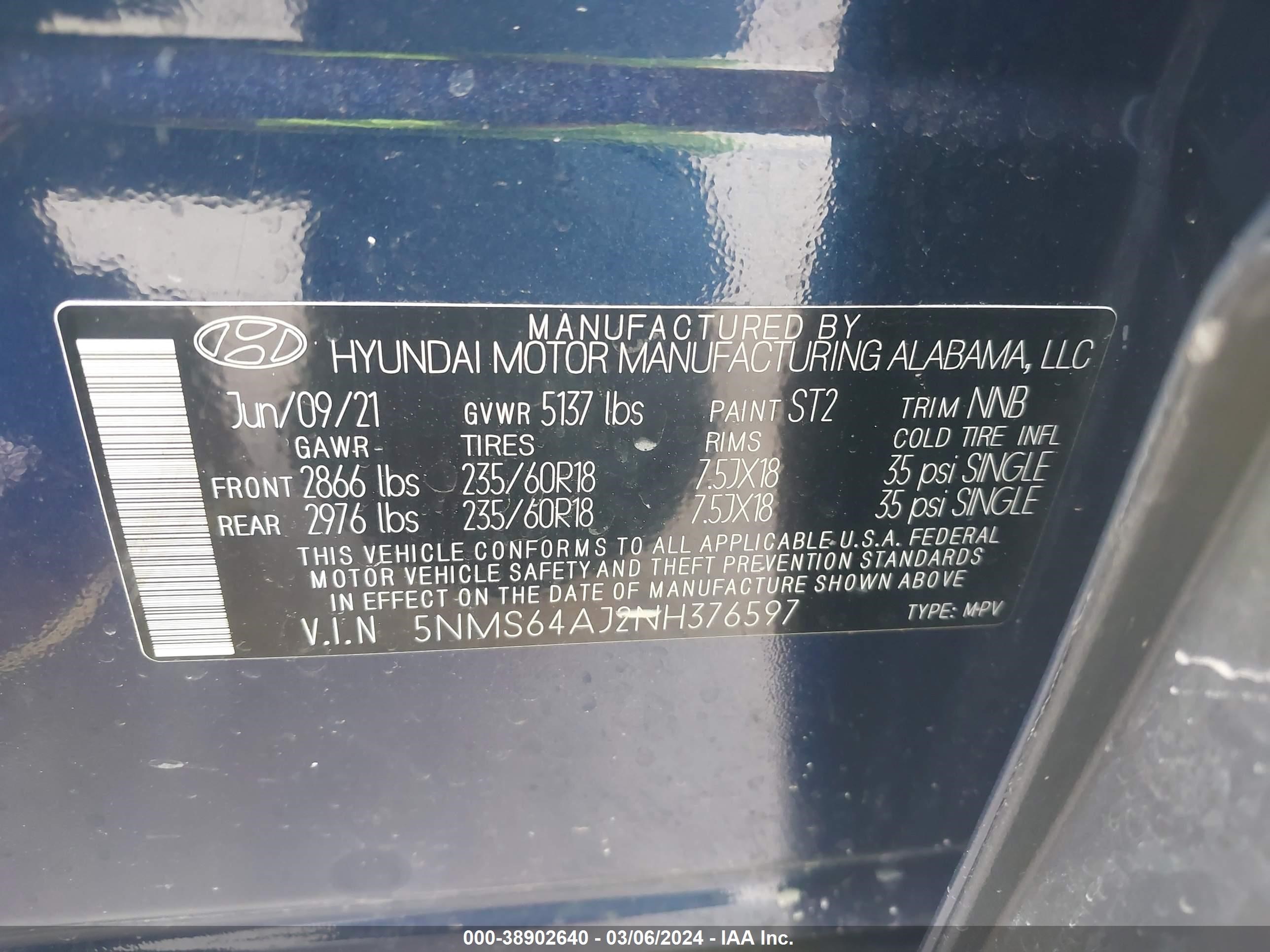 Photo 8 VIN: 5NMS64AJ2NH376597 - HYUNDAI SANTA FE 