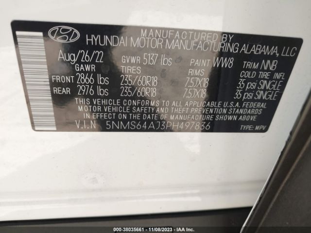 Photo 8 VIN: 5NMS64AJ3PH497836 - HYUNDAI SANTA FE 