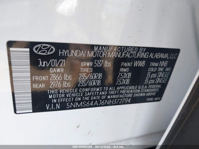 Photo 8 VIN: 5NMS64AJ6NH372794 - HYUNDAI SANTA FE 