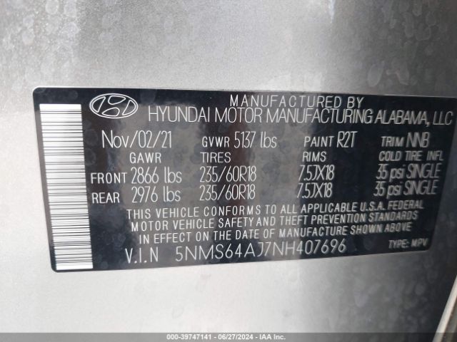 Photo 8 VIN: 5NMS64AJ7NH407696 - HYUNDAI SANTA FE 