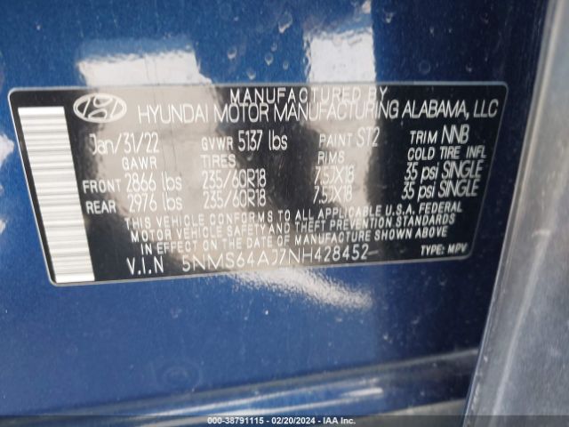 Photo 8 VIN: 5NMS64AJ7NH428452 - HYUNDAI SANTA FE 