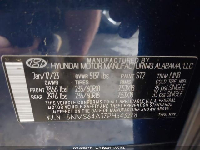 Photo 8 VIN: 5NMS64AJ7PH543278 - HYUNDAI SANTA FE 