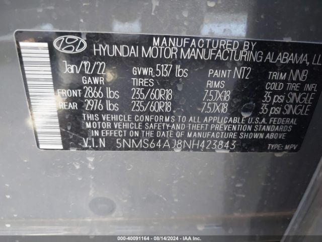 Photo 8 VIN: 5NMS64AJ8NH423843 - HYUNDAI SANTA FE 