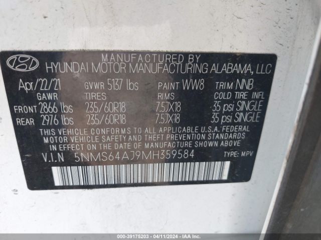 Photo 8 VIN: 5NMS64AJ9MH359584 - HYUNDAI SANTA FE 