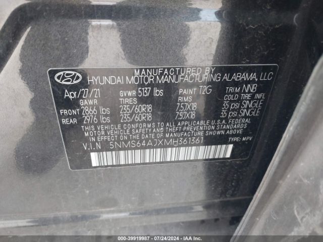 Photo 8 VIN: 5NMS64AJXMH361361 - HYUNDAI SANTA FE 