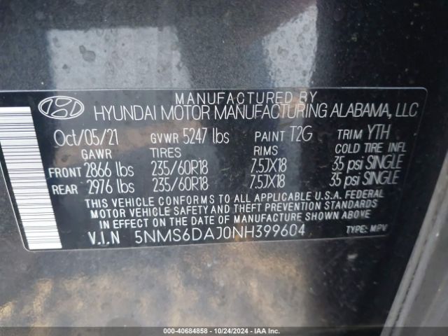 Photo 8 VIN: 5NMS6DAJ0NH399604 - HYUNDAI SANTA FE 