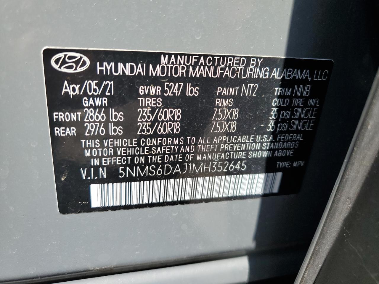 Photo 11 VIN: 5NMS6DAJ1MH352645 - HYUNDAI SANTA FE 