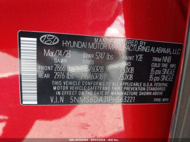 Photo 8 VIN: 5NMS6DAJ1PH563221 - HYUNDAI SANTA FE 