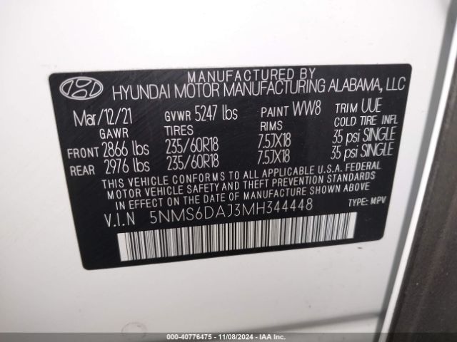 Photo 8 VIN: 5NMS6DAJ3MH344448 - HYUNDAI SANTA FE 