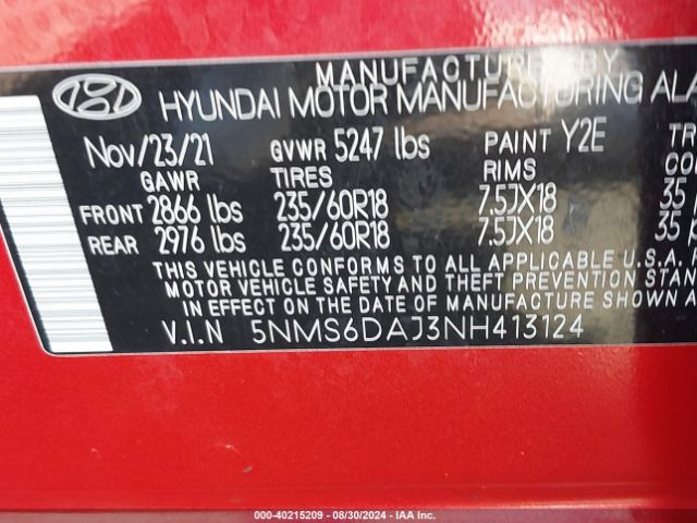 Photo 8 VIN: 5NMS6DAJ3NH413124 - HYUNDAI SANTA FE 