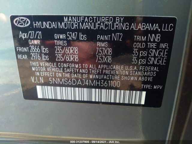 Photo 8 VIN: 5NMS6DAJ4MH361100 - HYUNDAI SANTA FE 