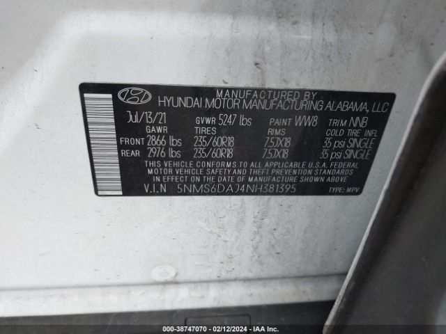 Photo 8 VIN: 5NMS6DAJ4NH381395 - HYUNDAI SANTA FE 