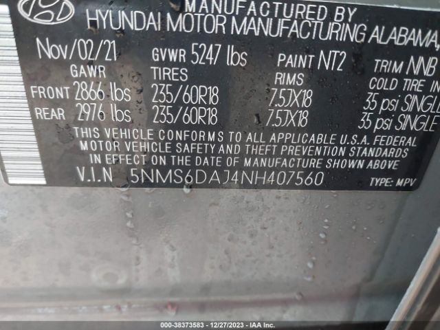 Photo 8 VIN: 5NMS6DAJ4NH407560 - HYUNDAI SANTA FE 