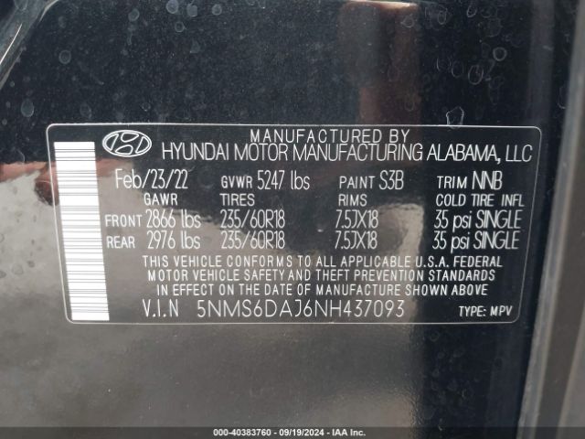 Photo 8 VIN: 5NMS6DAJ6NH437093 - HYUNDAI SANTA FE 