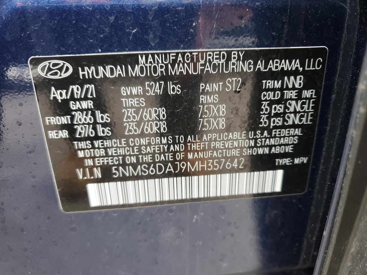 Photo 11 VIN: 5NMS6DAJ9MH357642 - HYUNDAI SANTA FE 