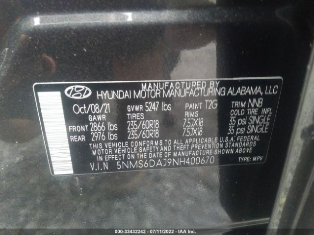 Photo 8 VIN: 5NMS6DAJ9NH400670 - HYUNDAI SANTA FE 