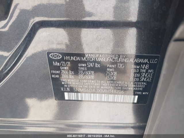 Photo 8 VIN: 5NMS6DAJXMH348206 - HYUNDAI SANTA FE 