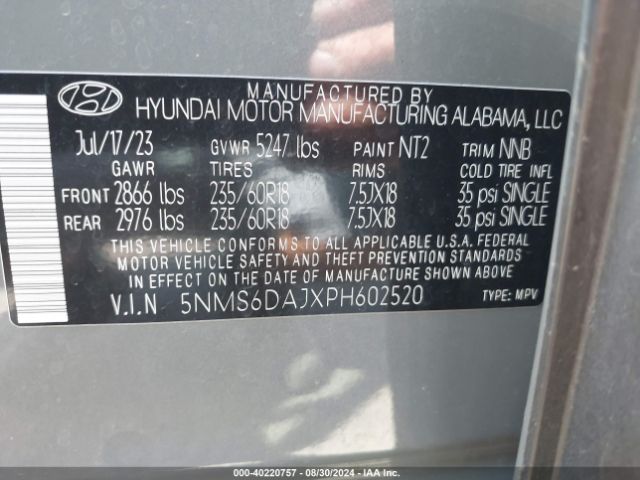 Photo 8 VIN: 5NMS6DAJXPH602520 - HYUNDAI SANTA FE 