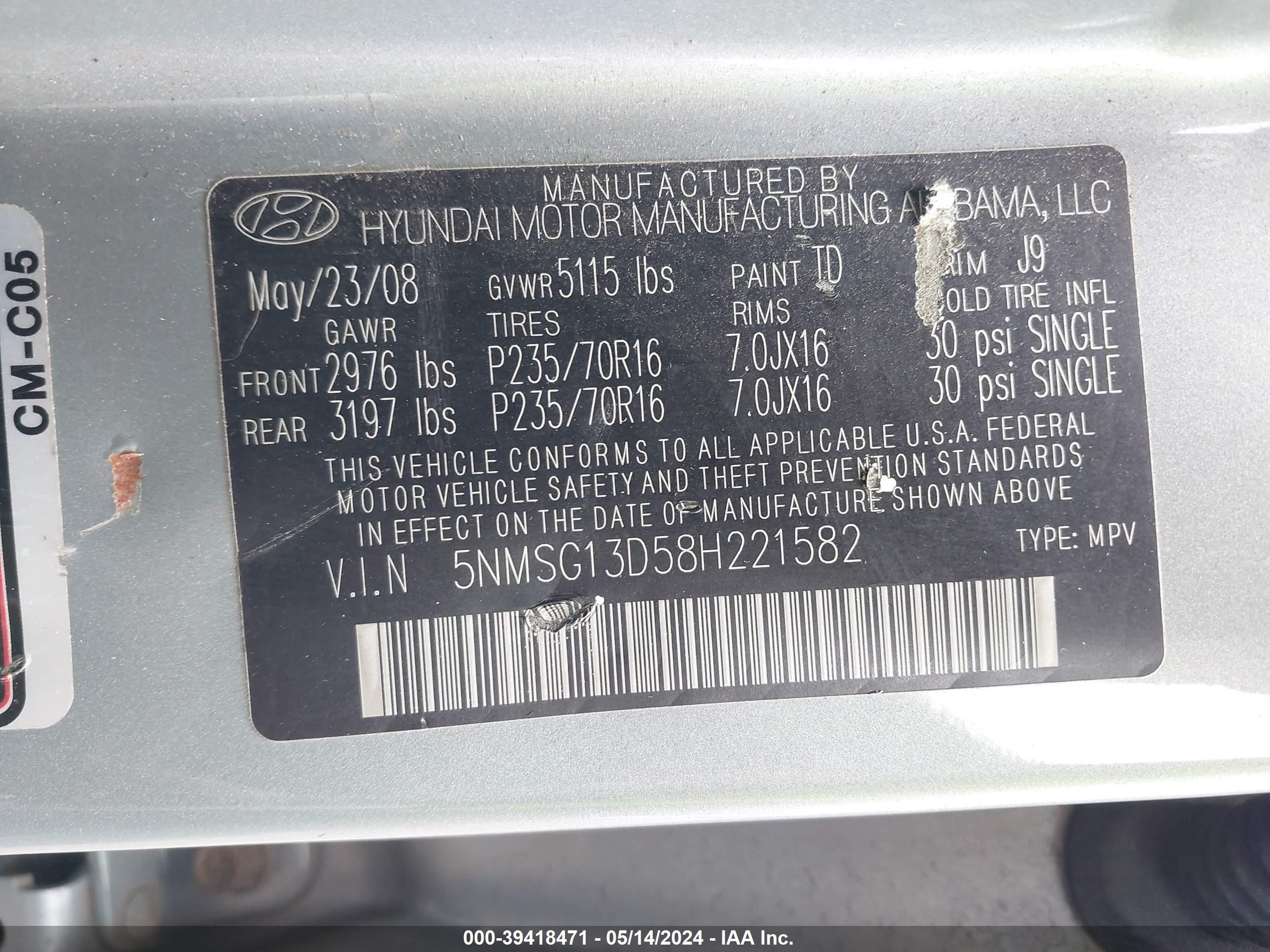 Photo 8 VIN: 5NMSG13D58H221582 - HYUNDAI SANTA FE 