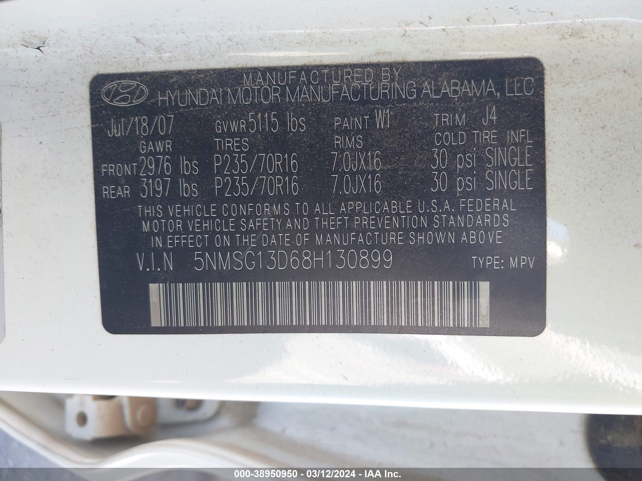 Photo 8 VIN: 5NMSG13D68H130899 - HYUNDAI SANTA FE 