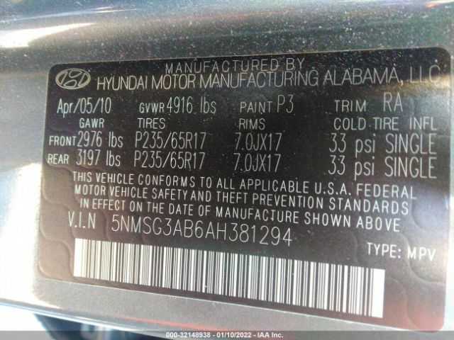 Photo 8 VIN: 5NMSG3AB6AH381294 - HYUNDAI SANTA FE 