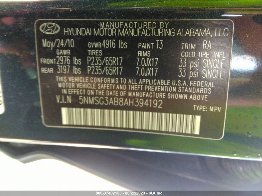 Photo 8 VIN: 5NMSG3AB8AH394192 - HYUNDAI SANTA FE 