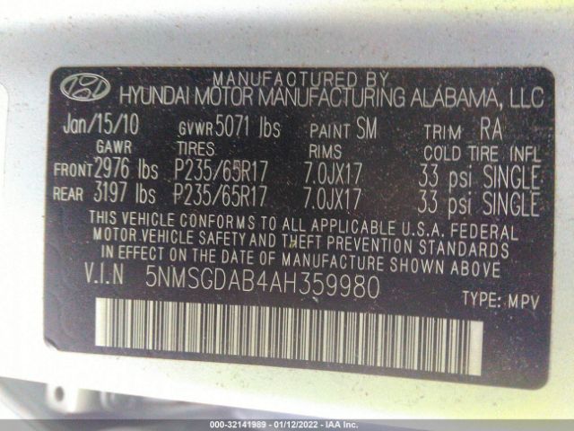 Photo 8 VIN: 5NMSGDAB4AH359980 - HYUNDAI SANTA FE 