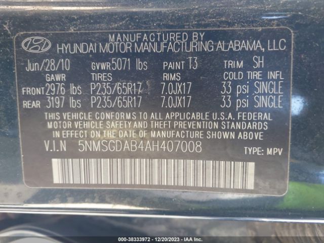 Photo 8 VIN: 5NMSGDAB4AH407008 - HYUNDAI SANTA FE 