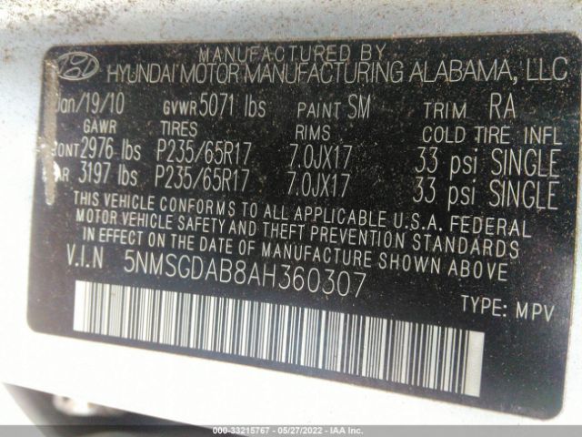 Photo 8 VIN: 5NMSGDAB8AH360307 - HYUNDAI SANTA FE 