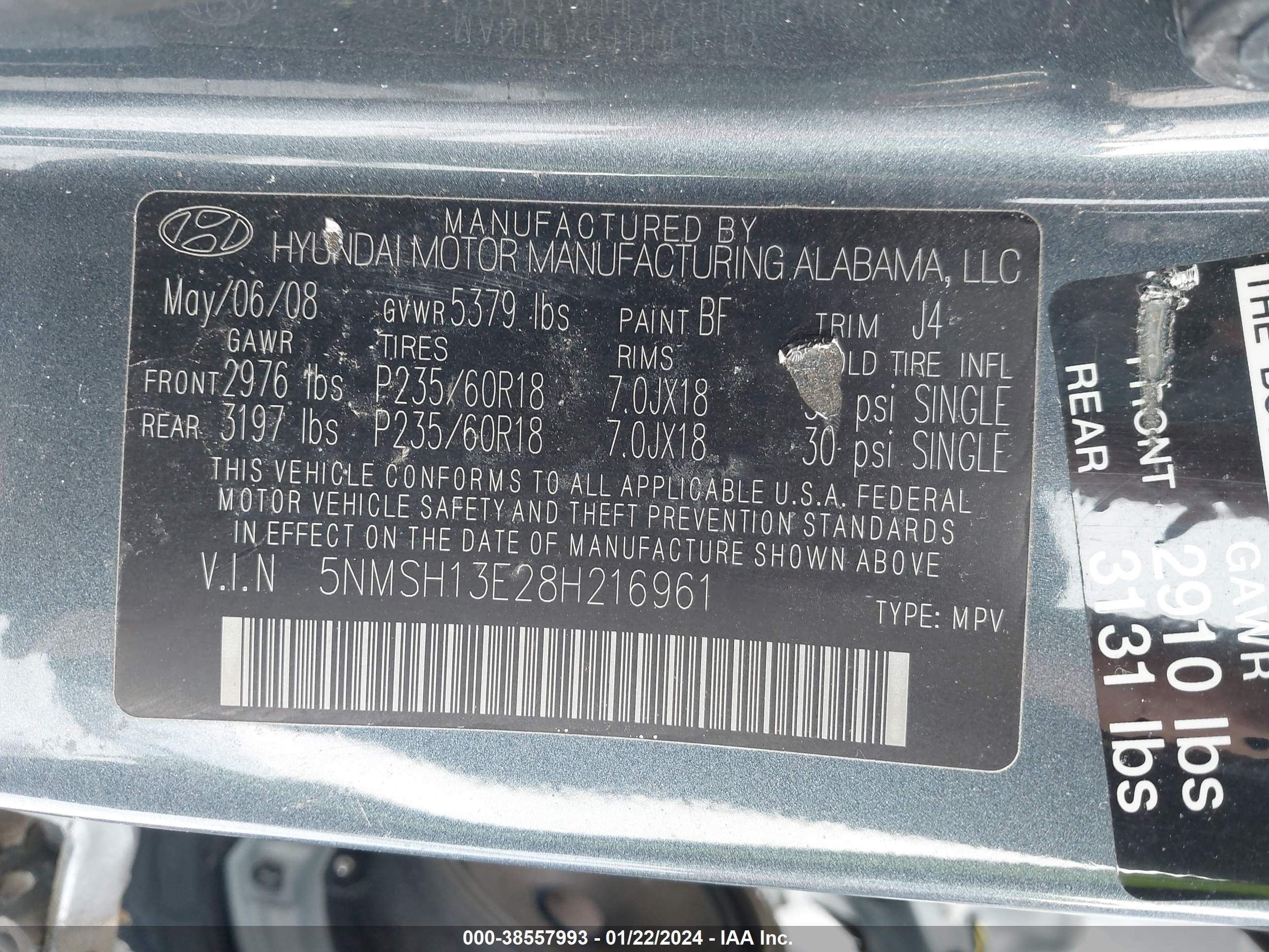 Photo 8 VIN: 5NMSH13E28H216961 - HYUNDAI SANTA FE 