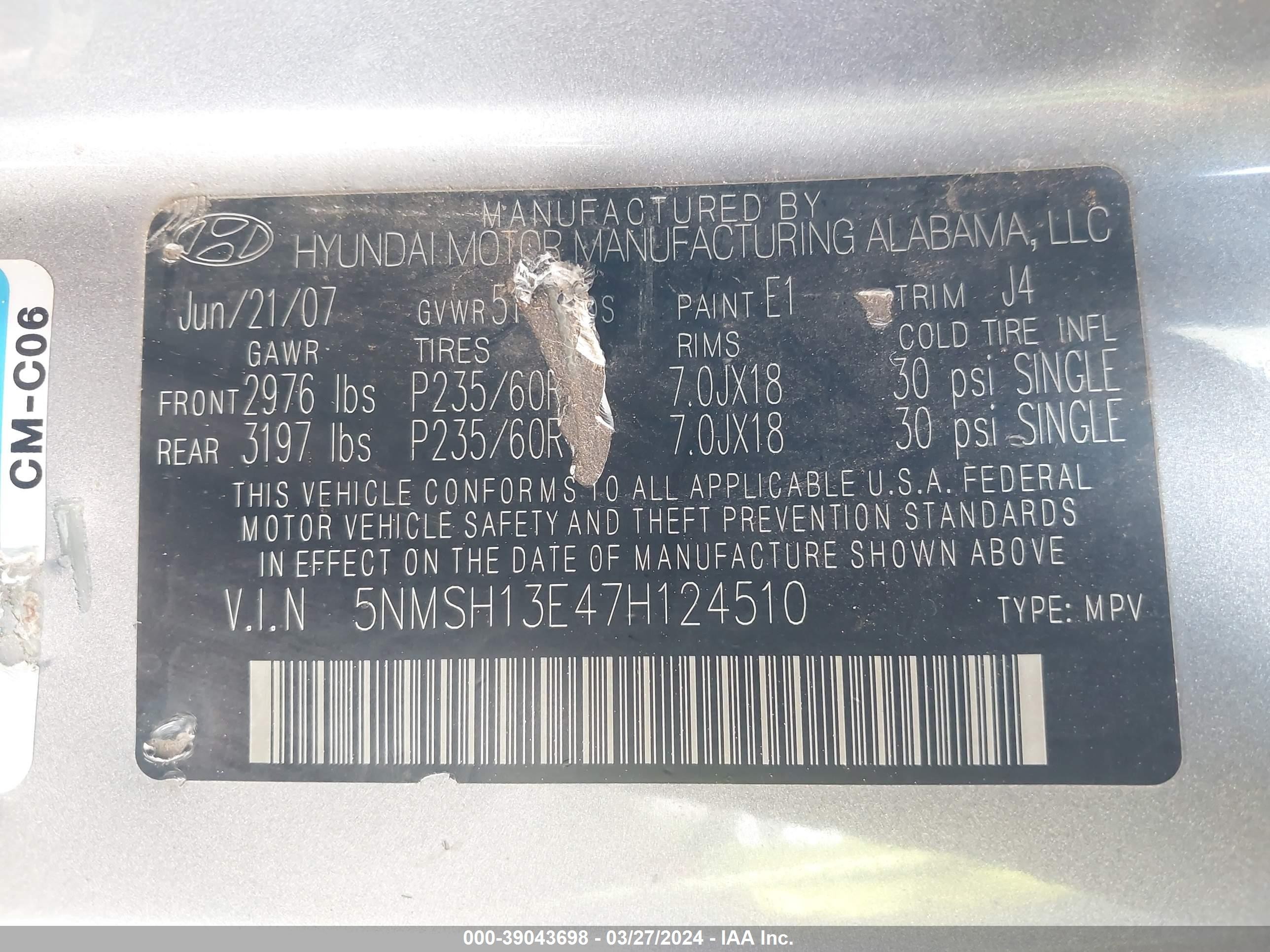 Photo 8 VIN: 5NMSH13E47H124510 - HYUNDAI SANTA FE 