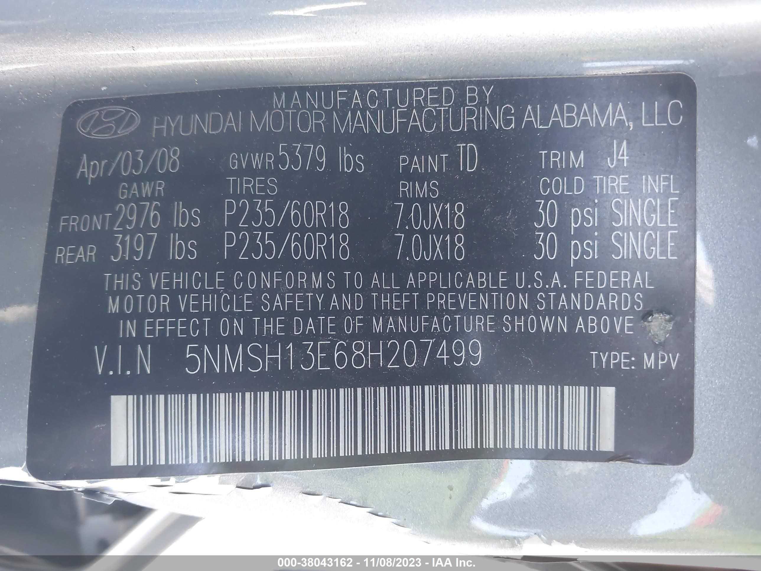 Photo 8 VIN: 5NMSH13E68H207499 - HYUNDAI SANTA FE 