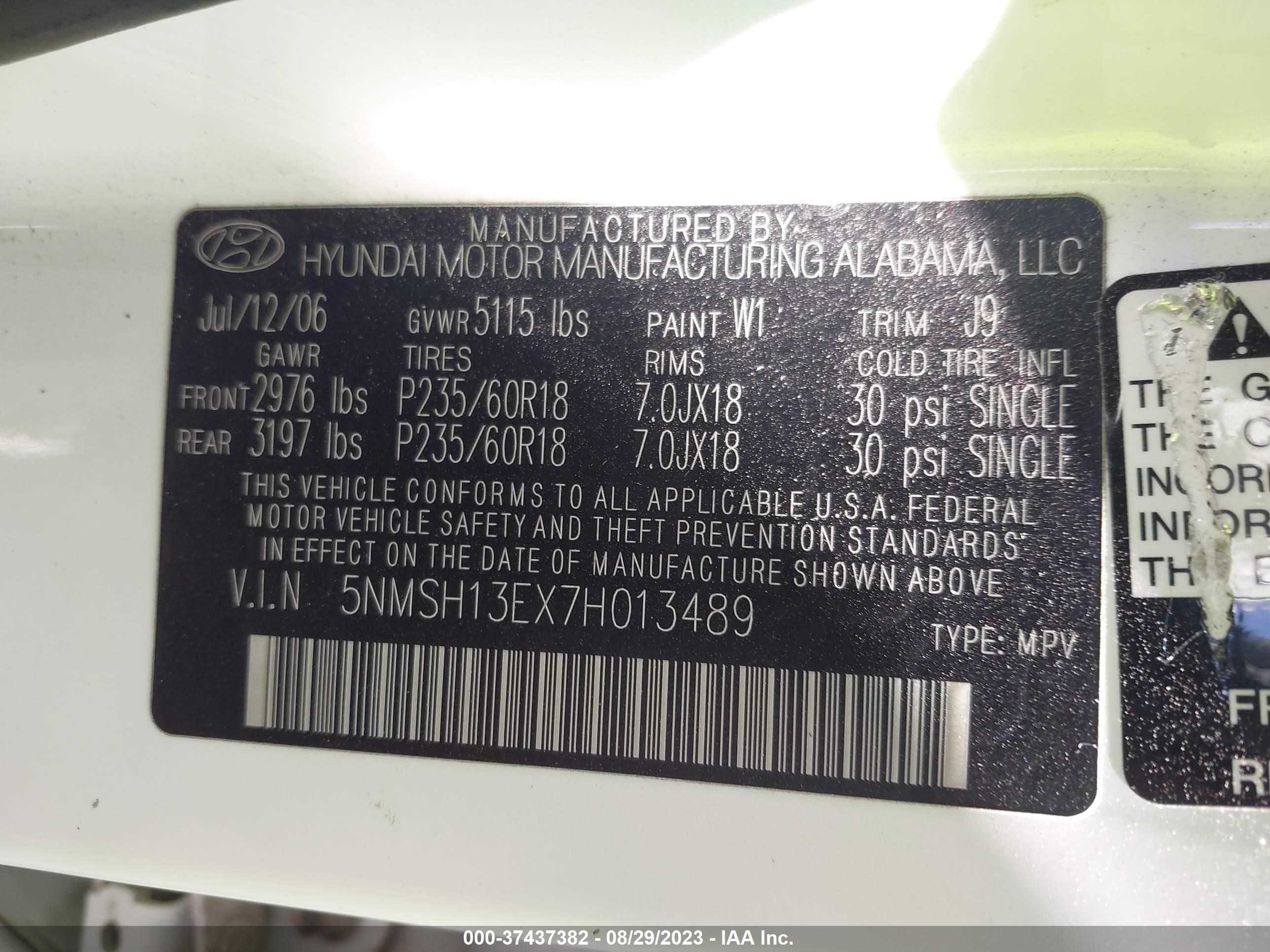 Photo 8 VIN: 5NMSH13EX7H013489 - HYUNDAI SANTA FE 