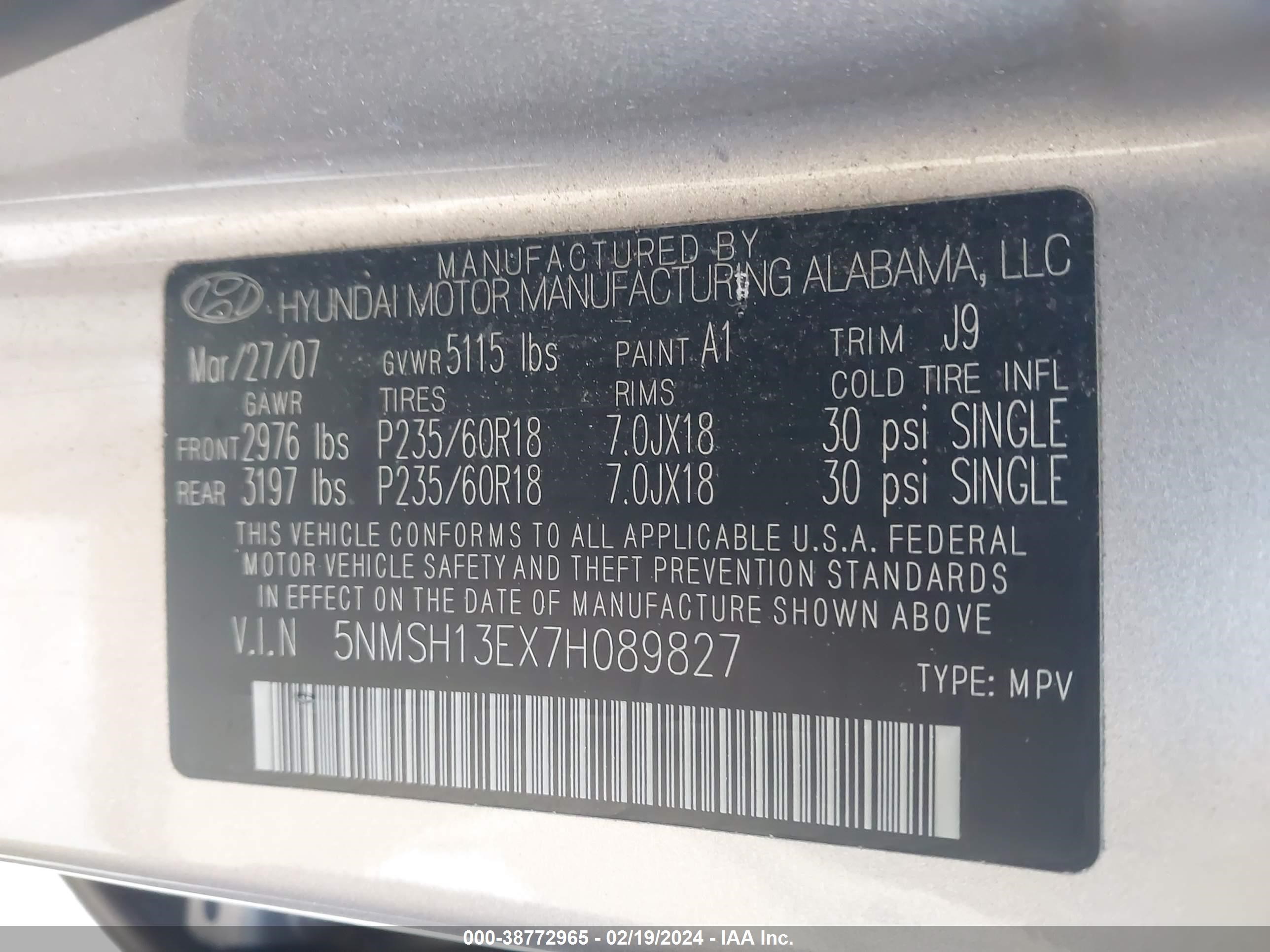 Photo 8 VIN: 5NMSH13EX7H089827 - HYUNDAI SANTA FE 