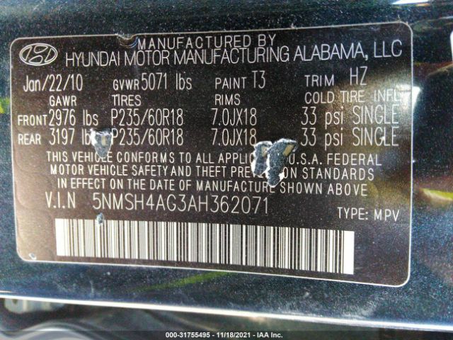 Photo 8 VIN: 5NMSH4AG3AH362071 - HYUNDAI SANTA FE 