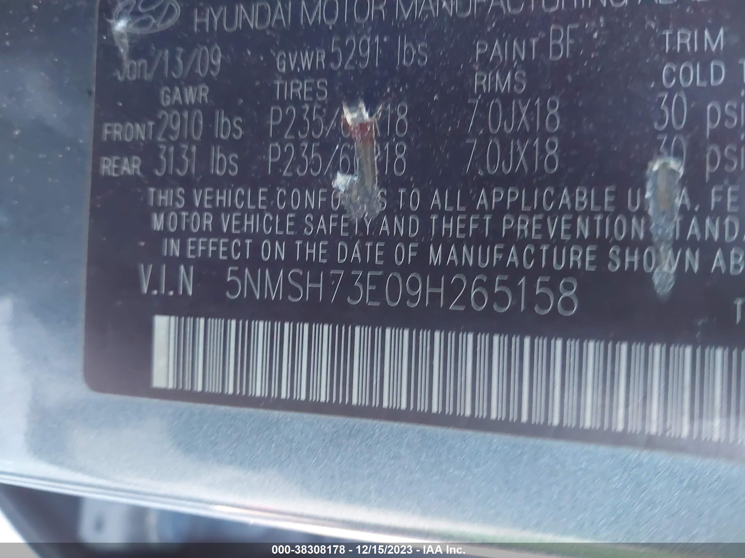 Photo 8 VIN: 5NMSH73E09H265158 - HYUNDAI SANTA FE 