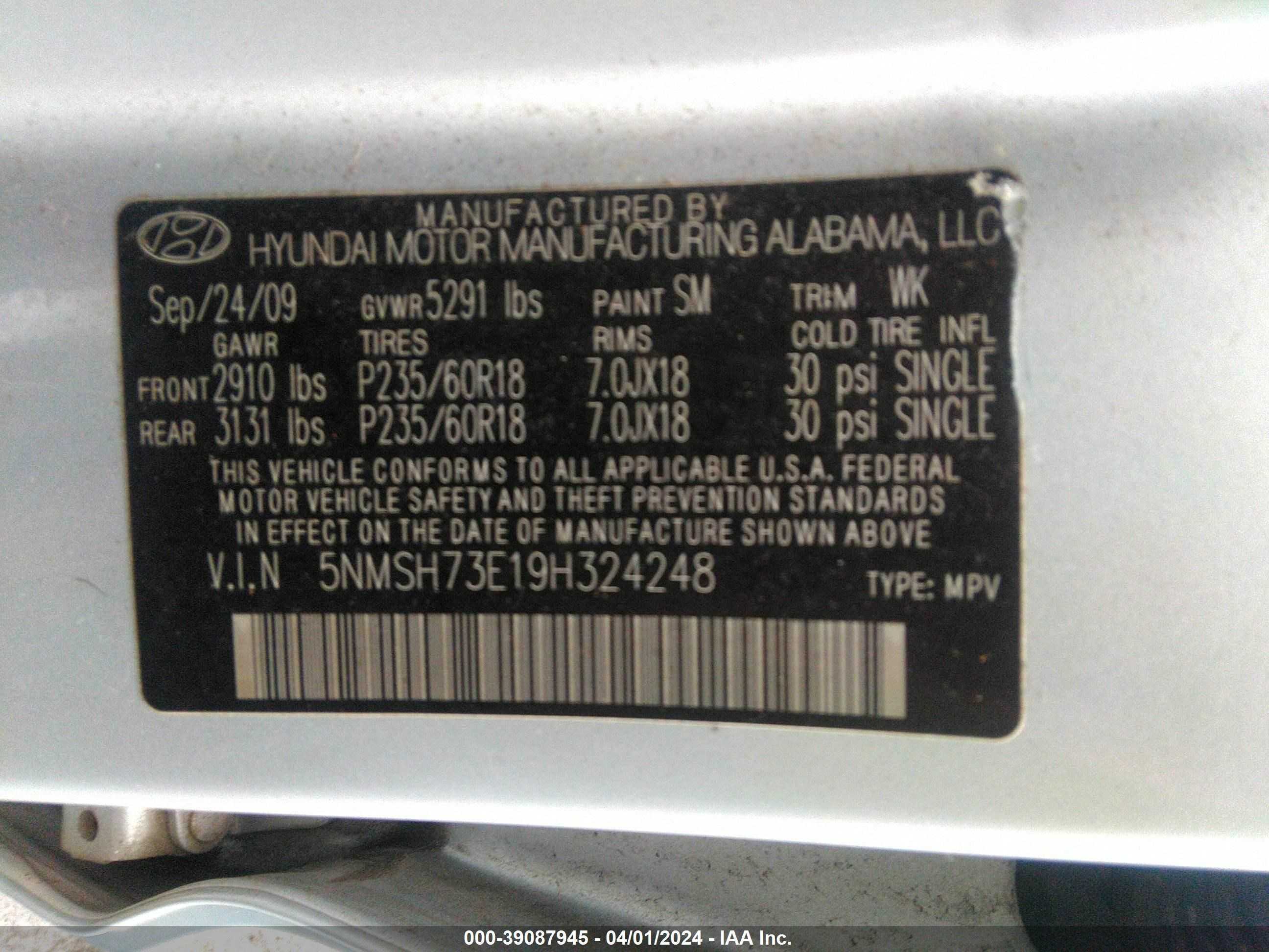 Photo 8 VIN: 5NMSH73E19H324248 - HYUNDAI SANTA FE 