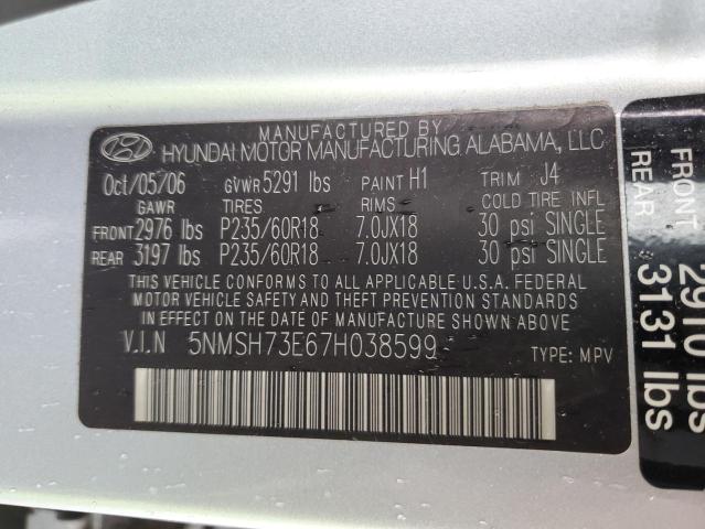 Photo 12 VIN: 5NMSH73E67H038599 - HYUNDAI SANTA FE S 