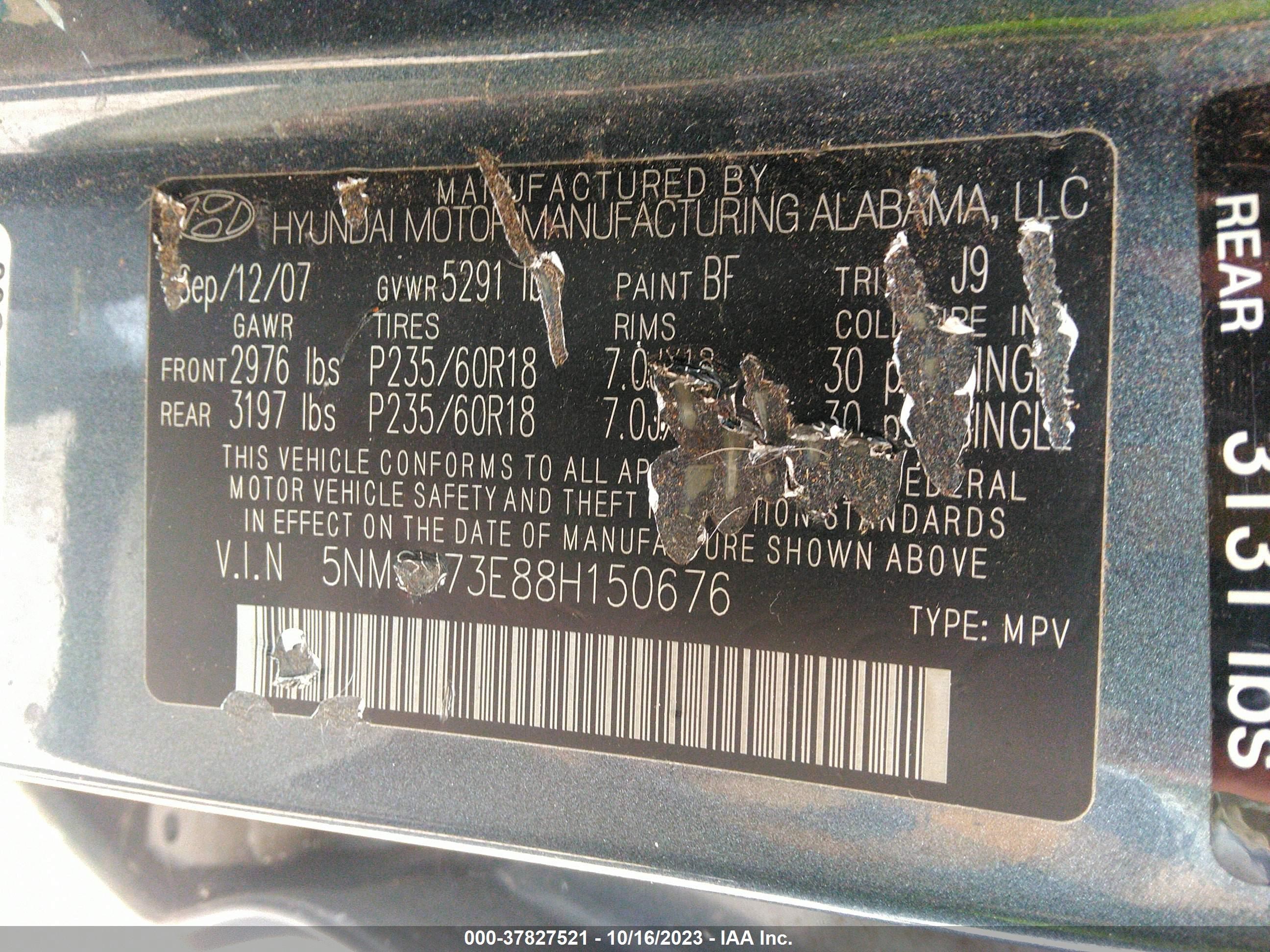 Photo 8 VIN: 5NMSH73E88H150676 - HYUNDAI SANTA FE 