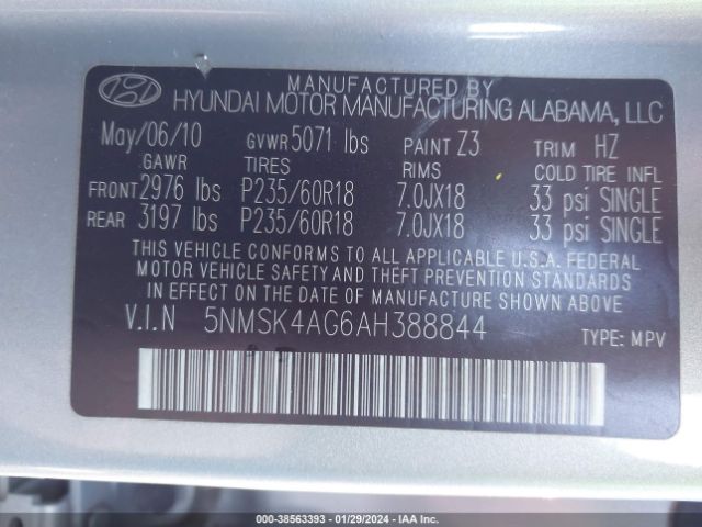 Photo 8 VIN: 5NMSK4AG6AH388844 - HYUNDAI SANTA FE 