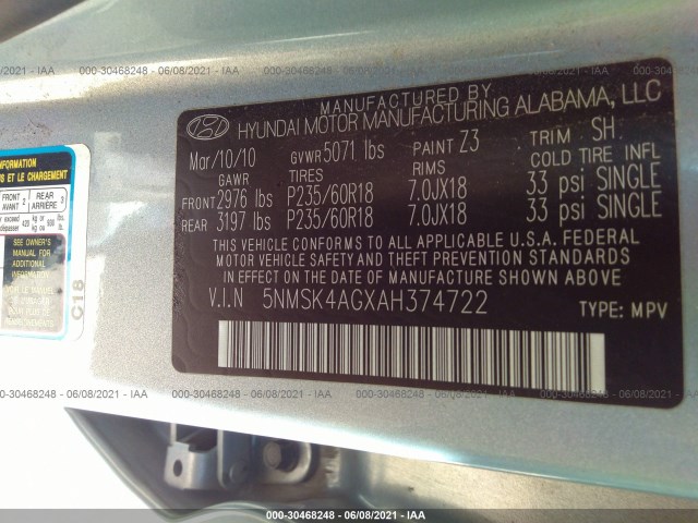 Photo 8 VIN: 5NMSK4AGXAH374722 - HYUNDAI SANTA FE 