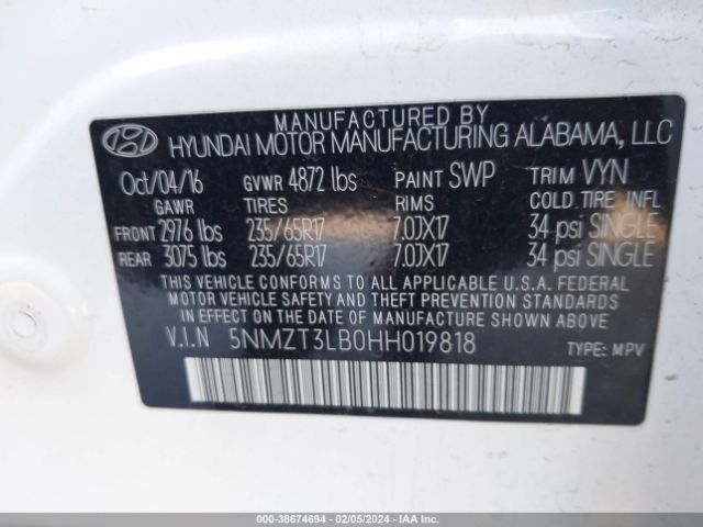 Photo 8 VIN: 5NMZT3LB0HH019818 - HYUNDAI SANTA FE SPORT 