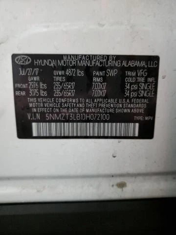 Photo 12 VIN: 5NMZT3LB1JH072100 - HYUNDAI SANTA FE S 