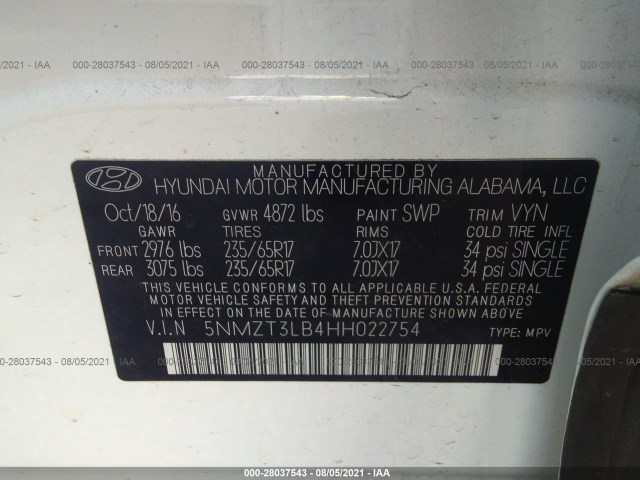 Photo 8 VIN: 5NMZT3LB4HH022754 - HYUNDAI SANTA FE SPORT 