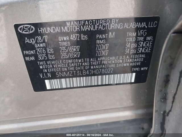 Photo 8 VIN: 5NMZT3LB4JH078022 - HYUNDAI SANTA FE SPORT 