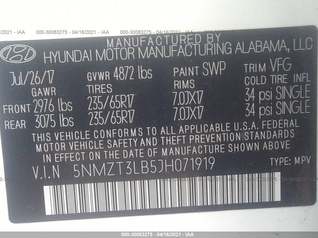 Photo 8 VIN: 5NMZT3LB5JH071919 - HYUNDAI SANTA FE SPORT 