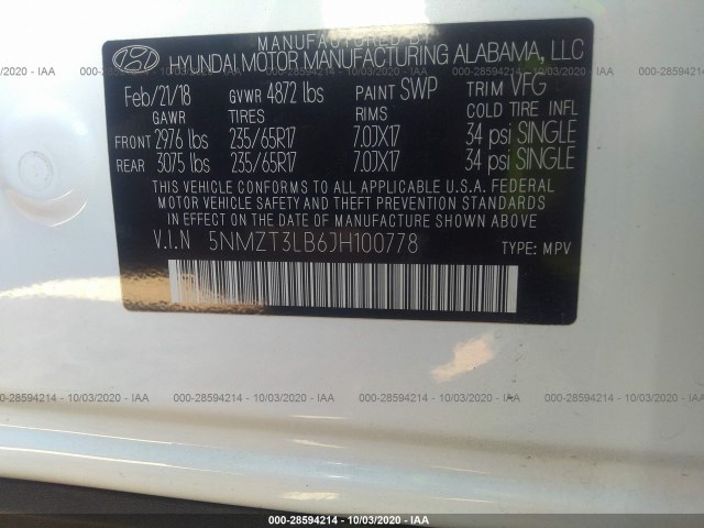 Photo 8 VIN: 5NMZT3LB6JH100778 - HYUNDAI SANTA-FE 