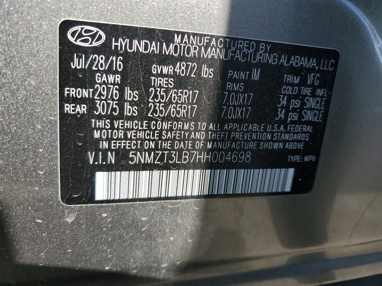 Photo 11 VIN: 5NMZT3LB7HH004698 - HYUNDAI SANTA FE 