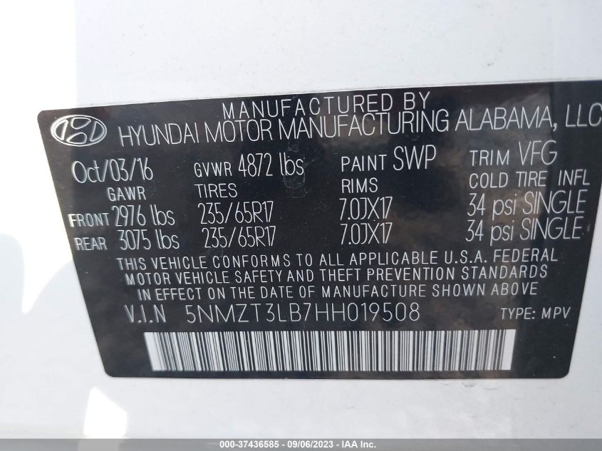 Photo 8 VIN: 5NMZT3LB7HH019508 - HYUNDAI SANTA FE 