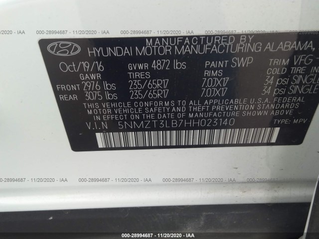 Photo 8 VIN: 5NMZT3LB7HH023140 - HYUNDAI SANTA FE SPORT 